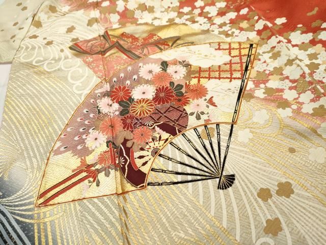 平和屋着物□豪華振袖 駒刺繍 扇面飛鶴花文 暈し染め 金彩 正絹