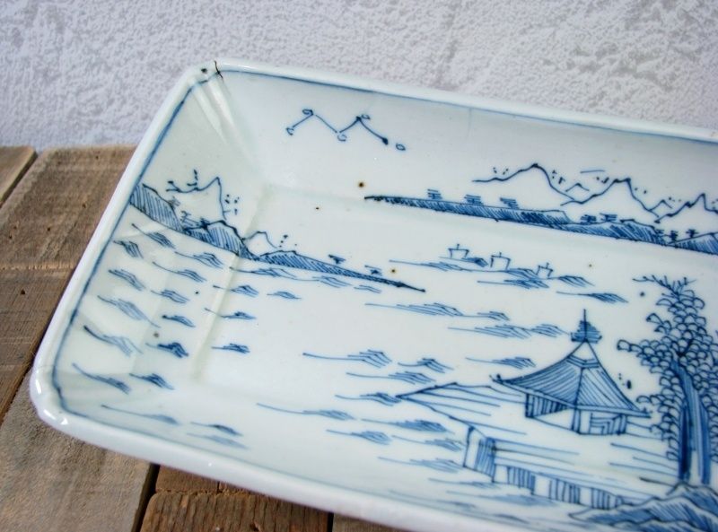 注文 古伊万里 染付 山水楼閣文長皿5枚 幅：17cm 江戸後期/24e047 古