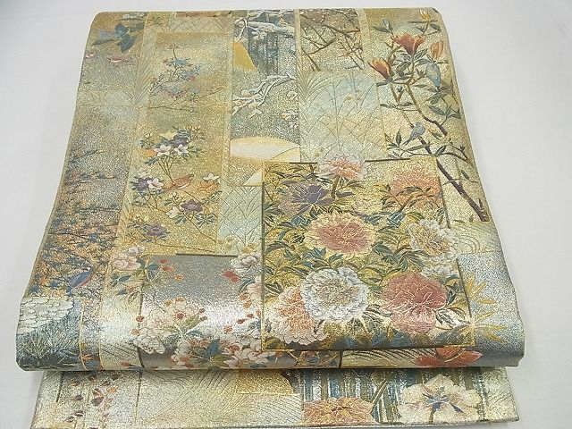 帯 西陣あさぎ帯 近代花鳥画 純金プラチナ箔 カッコイイ