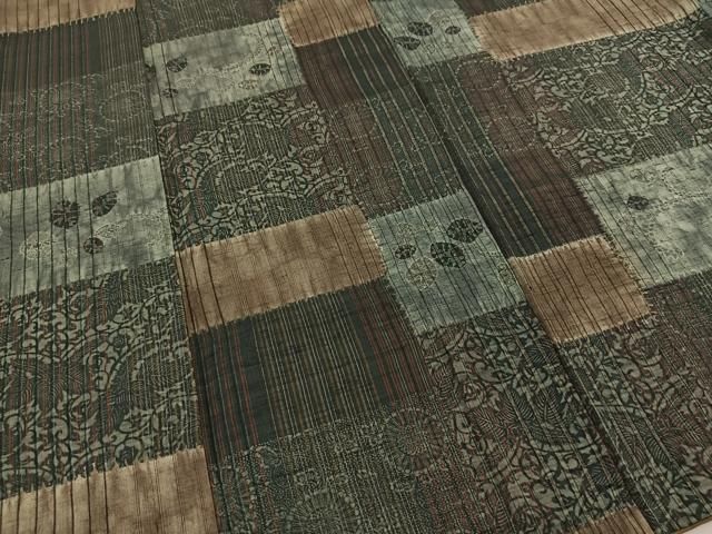 平和屋着物○伝統工芸士 七代目 吉澤与市 紬 絞り 型染め 切嵌更紗花文  