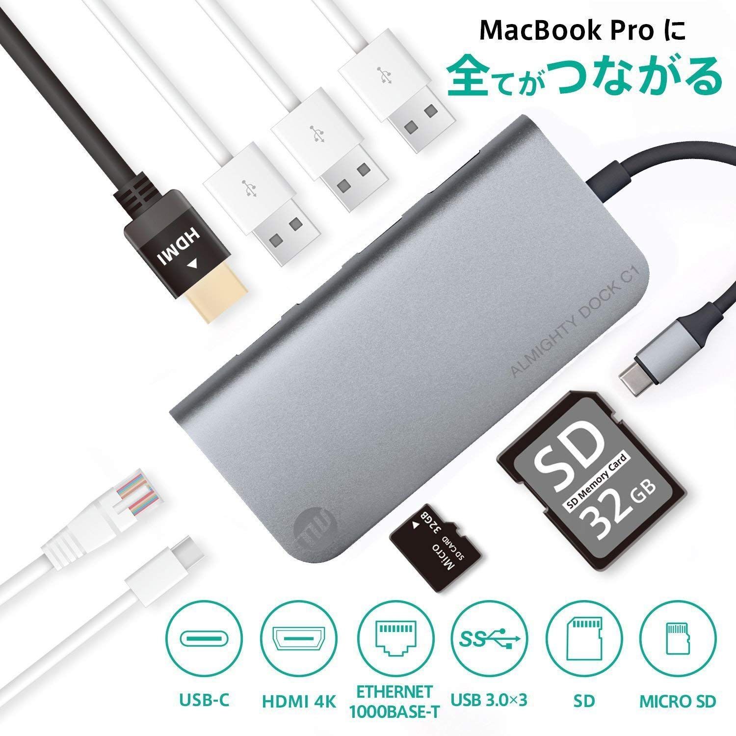 品質100％ 保証！ C1 DOCK マルチUSB-Cハブ Ethernet ALMIGHTY HDMI 4K PD対応 TUNEWEAR スペースグレイ TUN-OT-000028