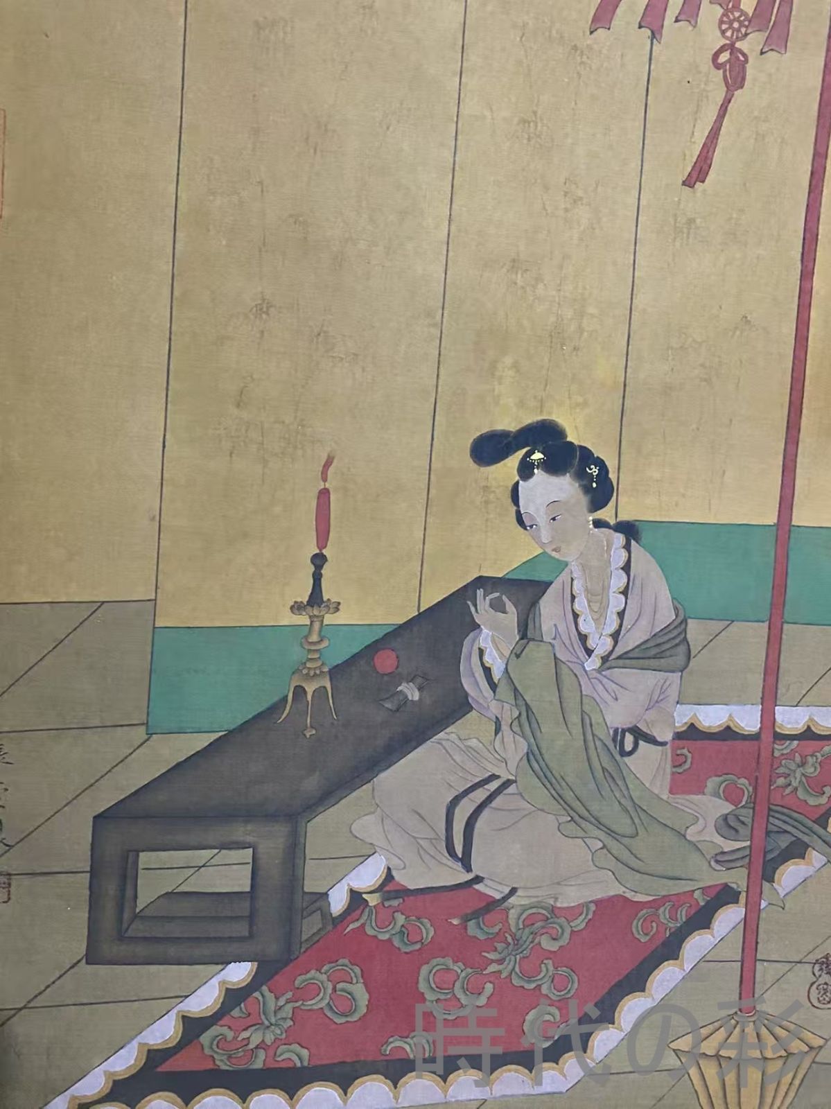 中国古美術・五代・周文矩款・人物画・絹布・三尺中堂画・肉筆・手描き