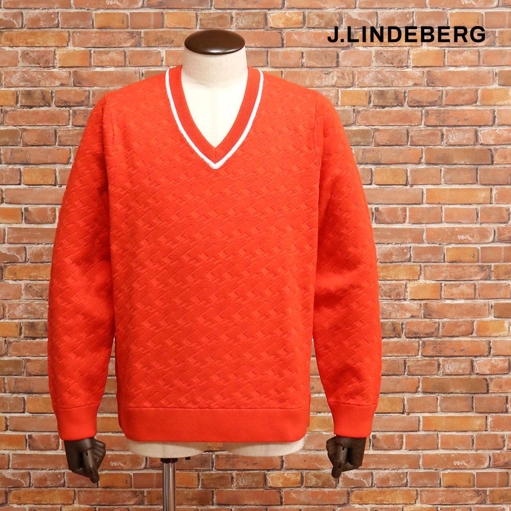 秋冬|J.LINDEBERG|46 M サイズ|Vネックニット 071-19917 ロゴ柄 ジャカード セーター ゴルフ 30代 40代 50代 メンズ ジェイリンドバーグ |赤|レッド|mc143|