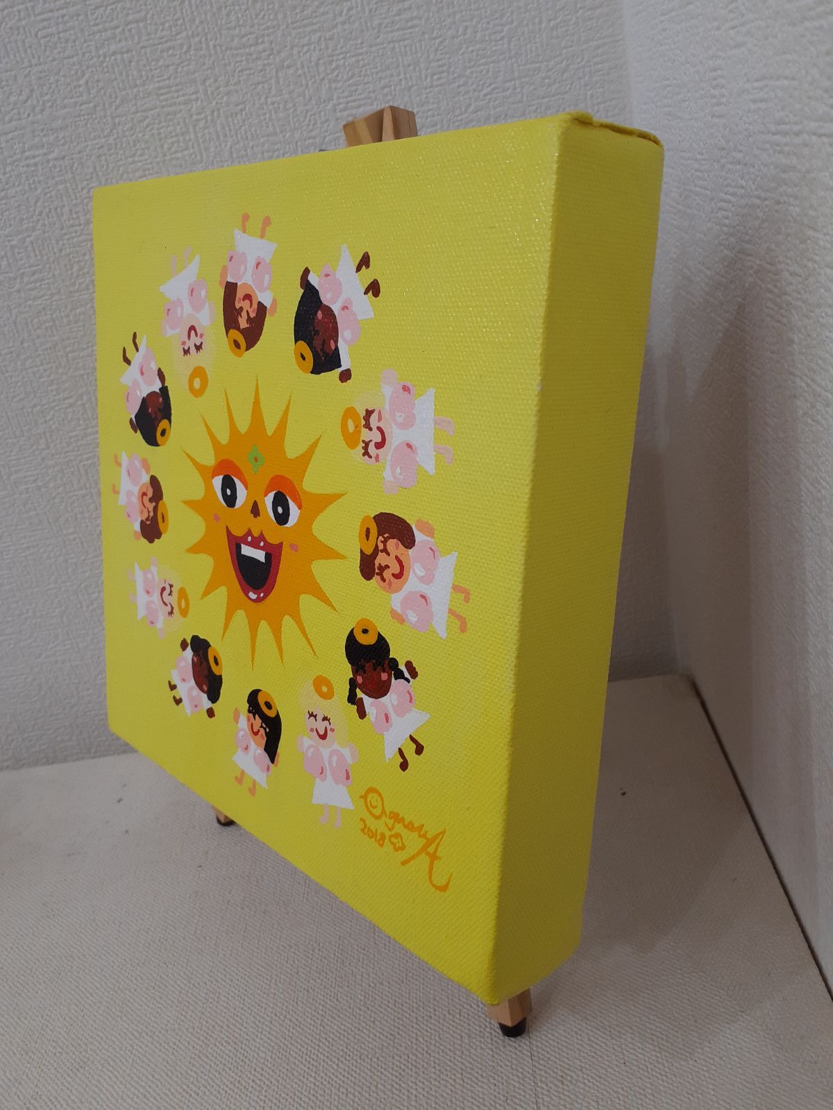ハッピー太陽と天使ちゃん アクリル絵の具 20×20cm キャンバス 画家 