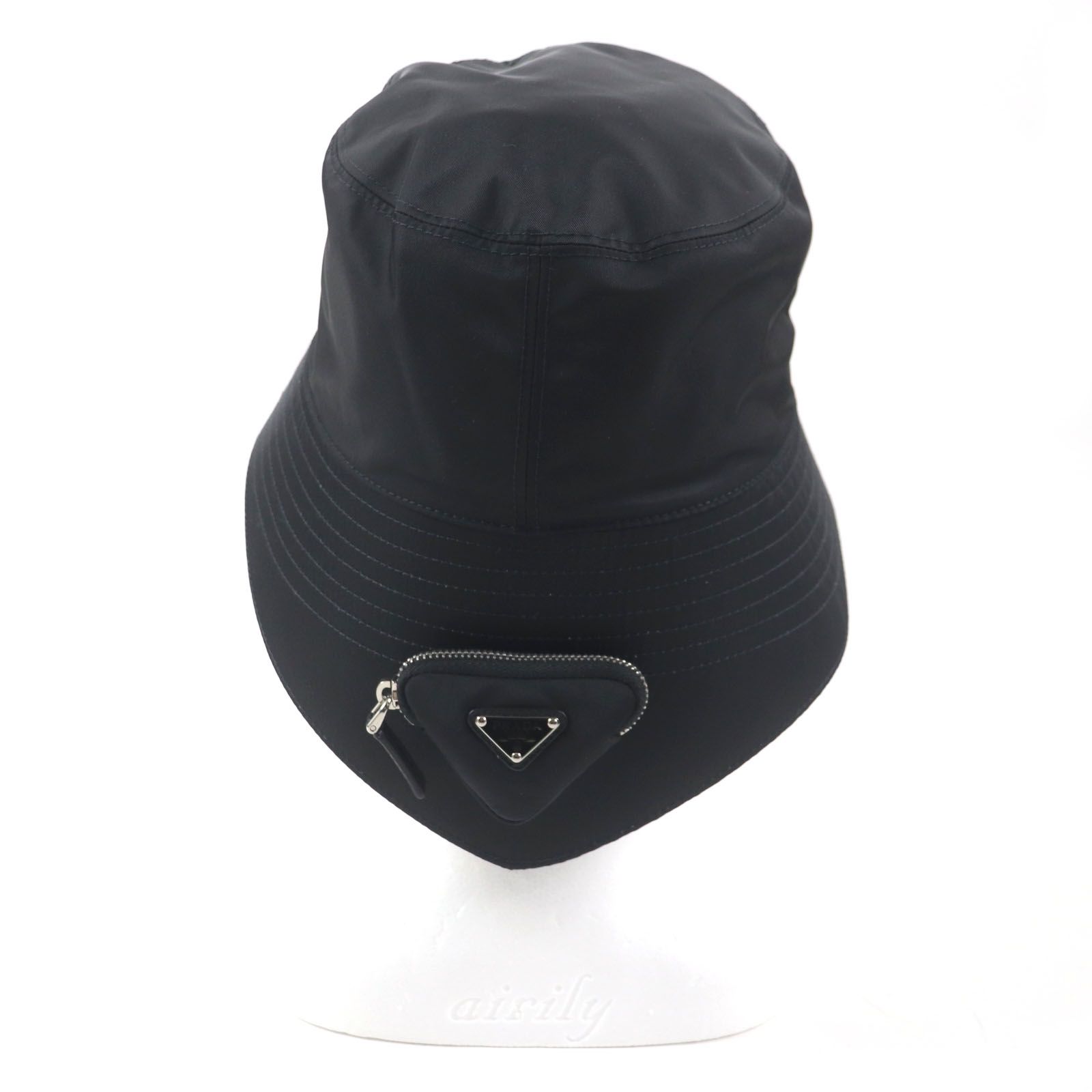 超美品 PRADA プラダ 三角 トライアングル ロゴプレート バケットハット 極美品】PRADA 三角 トライアングル ロゴ バケットハット ブラック S