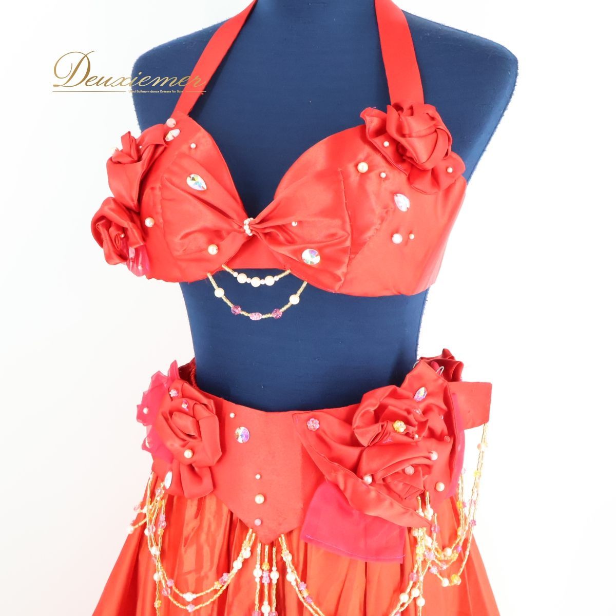 セール 【ベリーダンス用 オリエンタル衣装】レッド系 ラインストーン