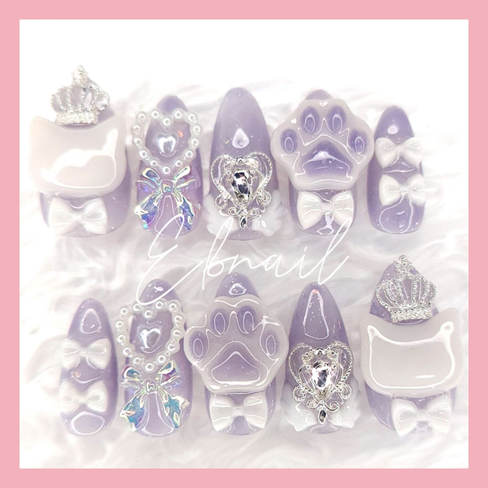 ネイルチップ 量産型 地雷 天使界隈 パープル ホワイト 猫 ハート 推し