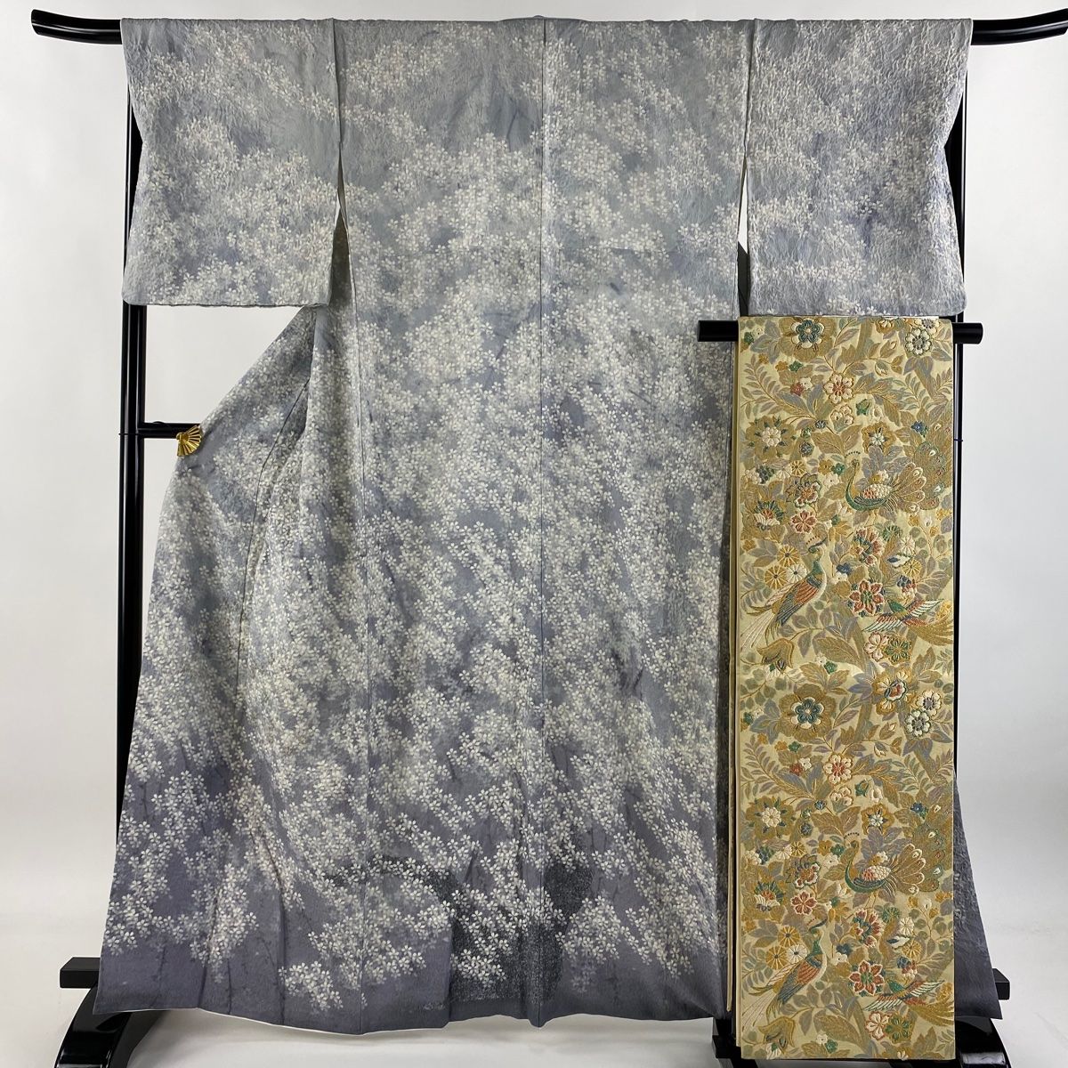 訪問着 身丈164.5cm 裄丈67cm M 袷 袋帯セット 桜 霞 銀通し 刺繍 灰色 正絹