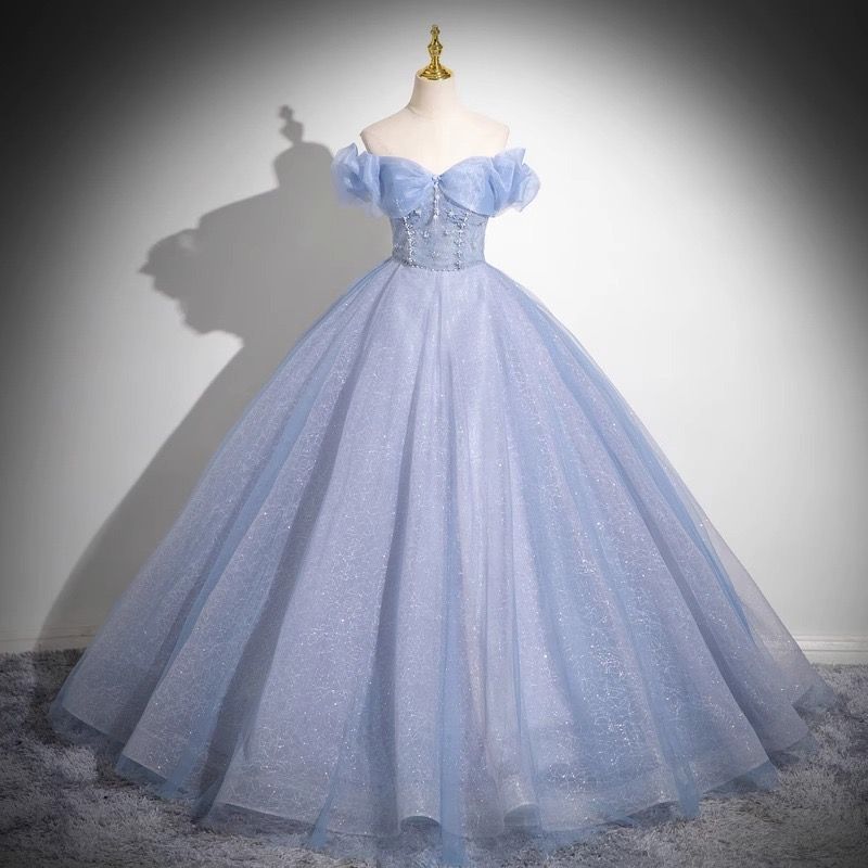 ドレス プリンセスライン ブルー オフショルダー 編み上げ ロングドレス ウェディングドレス 結婚式 二次会 花嫁 前撮り 演奏会 発表会 ステージ衣装