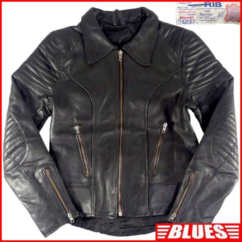 RIB リブ ライダースジャケット S フランス製 本革 シングル メンズ 40 レザー 黒 バイク ヴィンテージ レザーライダースジャケット一覧←SEULB屋着古← HS337