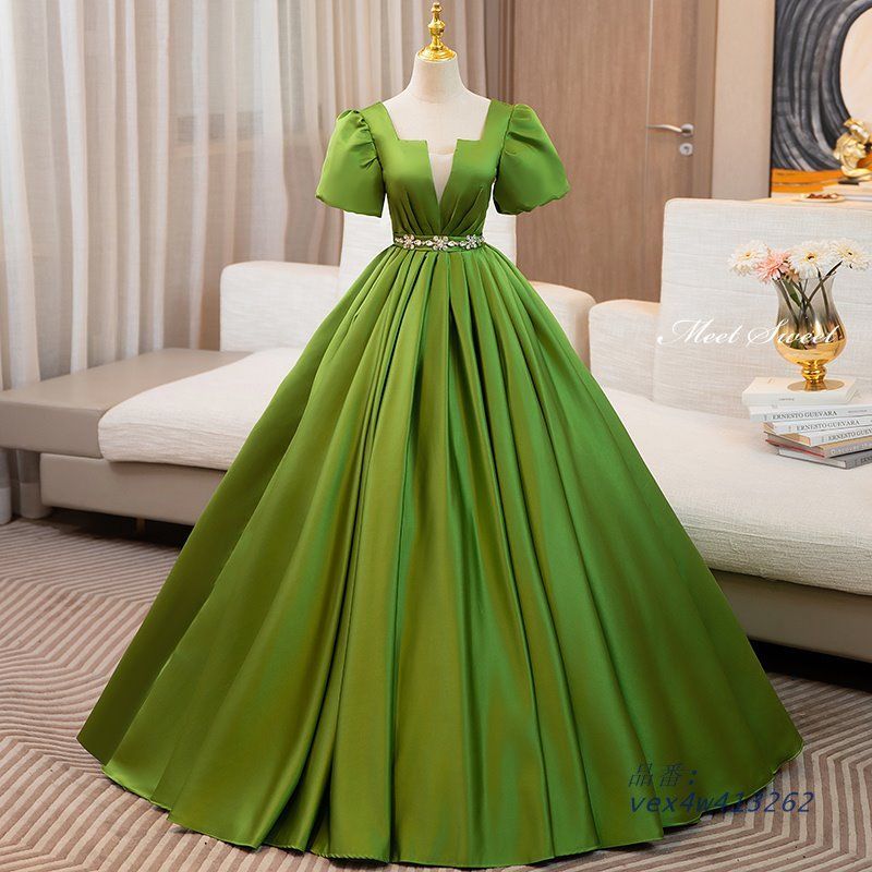 カラードレス Aラインドレス ロングドレス グリーン サテン 半袖 前