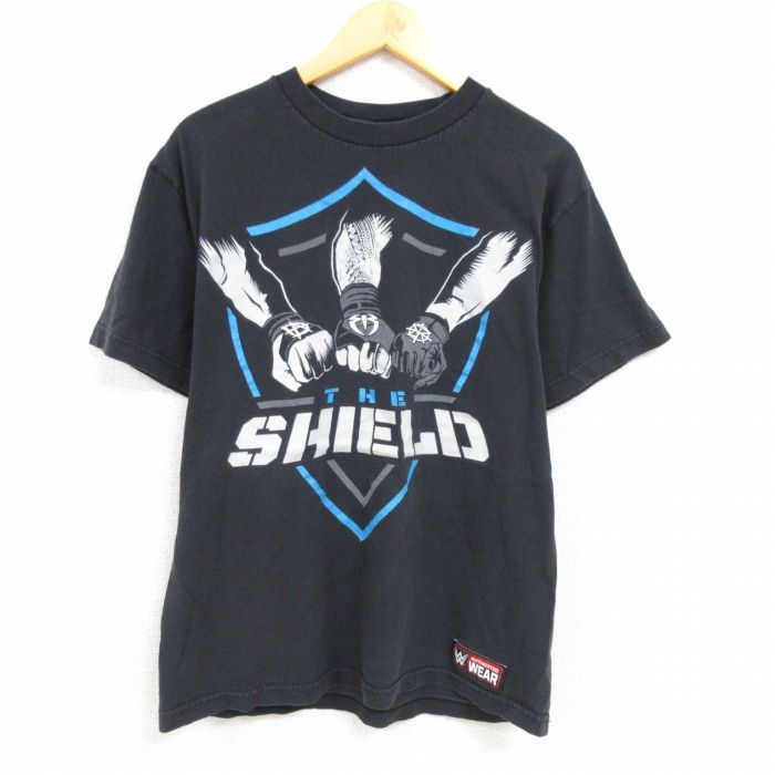 L/古着 半袖 Tシャツ メンズ ワールドプロレスリング SHIELD クルーネック 黒 ブラック 23may29 中古