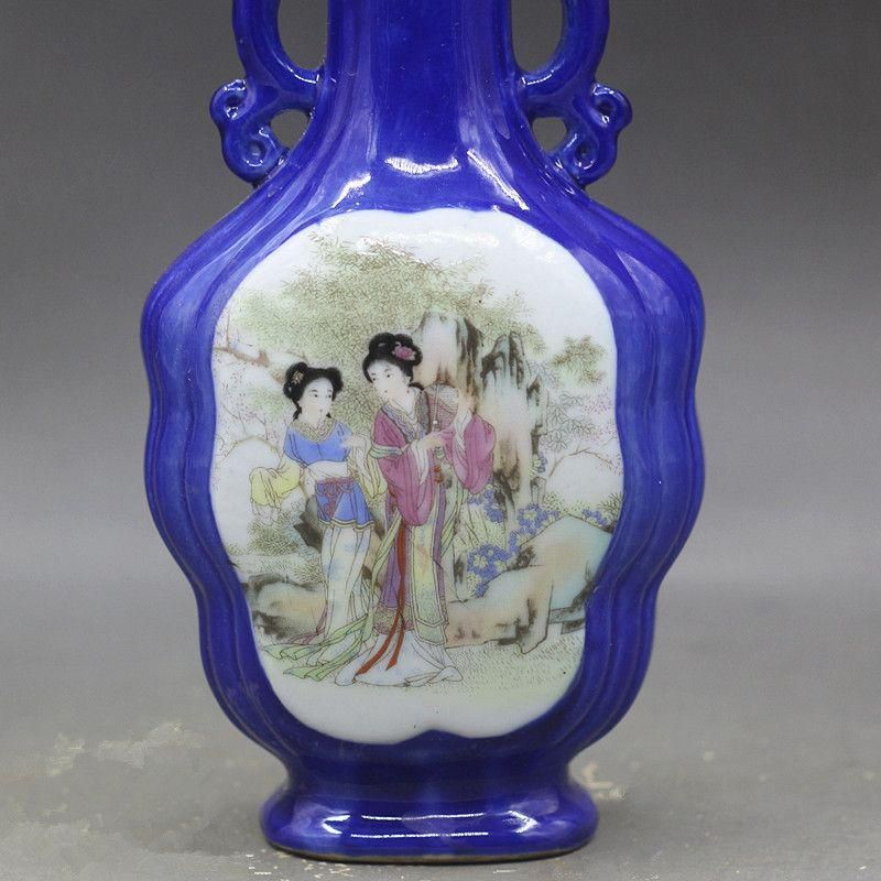 斉藍釉開窓西廂記両耳瓶  景徳鎮 陶磁器 装飾品 現代工芸品 美術品 置物 斉藍釉開窓西廂記両耳瓶 景徳鎮 陶磁器 装飾品 現代工芸品 美術