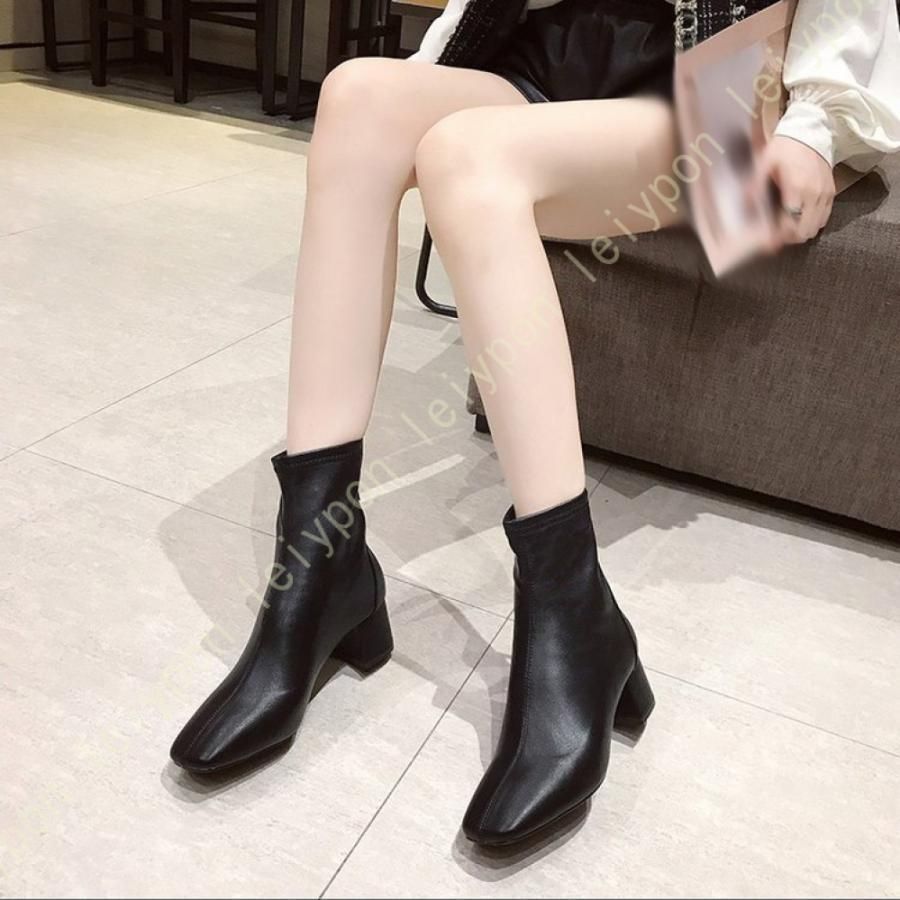 美脚 ショートブーツ レディース ミドルヒール スクエアトゥ チャンキー ローヒール 5センチヒール 大きいサイズ 靴 ショート 太ヒール 安定感 フォーマル