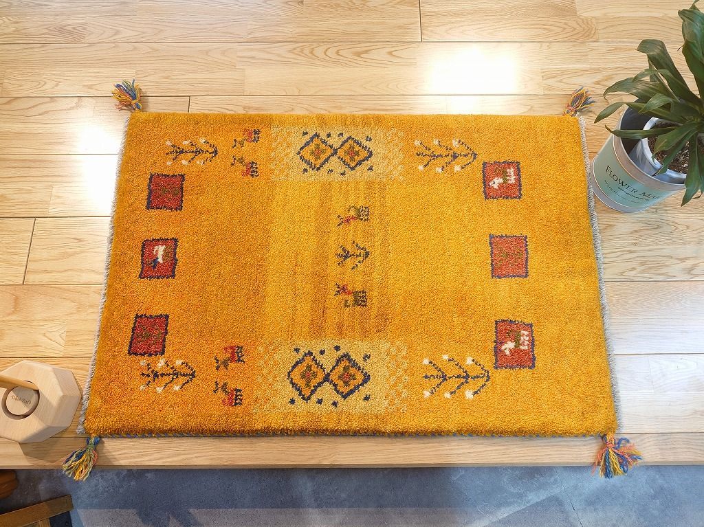 ペルシャ ギャッベ 玄関マット ラグ 90x60cm 黄金色 生命の木 ペルシャ ギャッベ 玄関マット ラグ 90x60cm 黄金色 生命の木