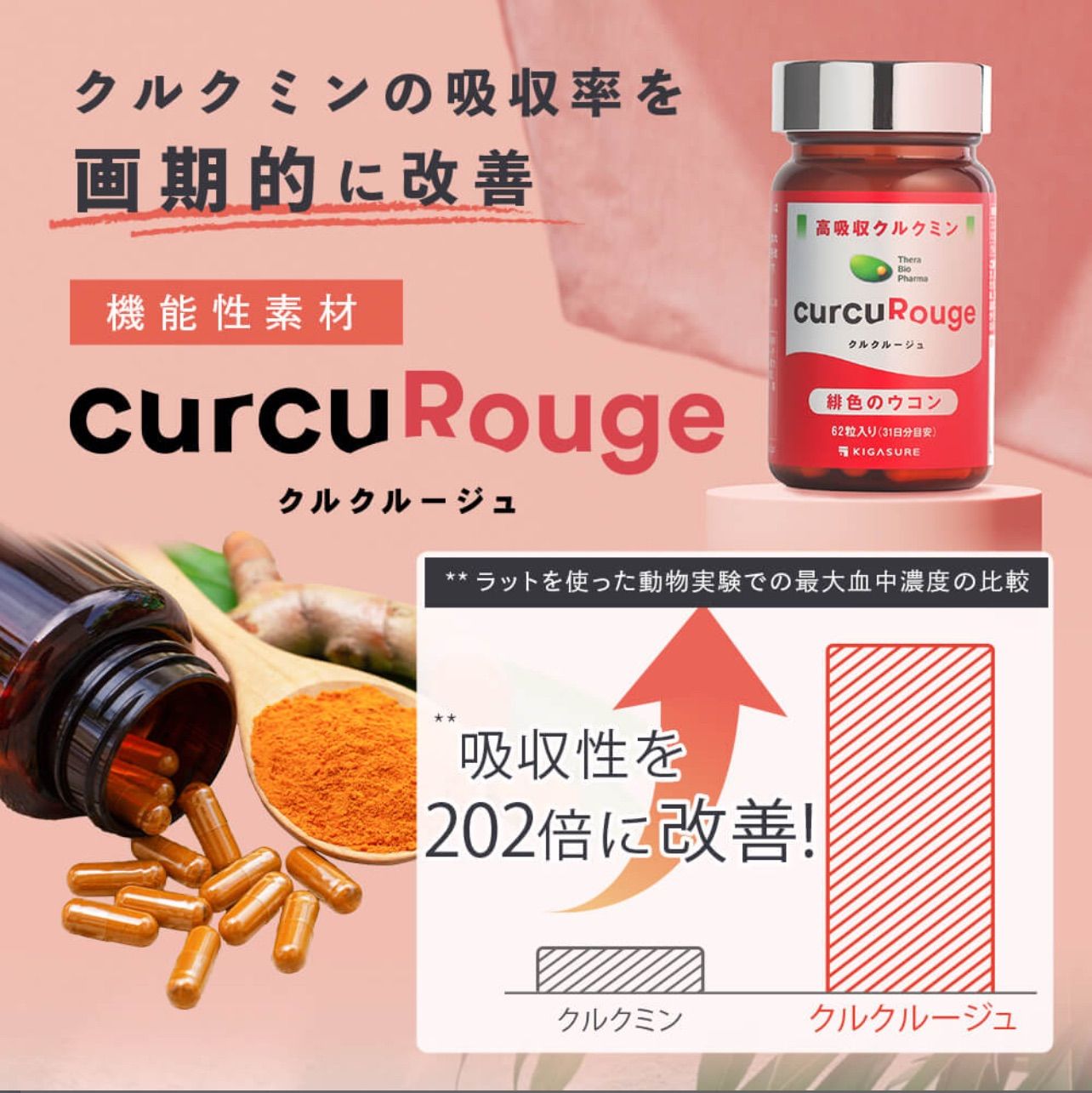 クルクミン クルクルージュ 高吸収型  ウコン サプリ 62粒 Amazon | 【カズレーザーと学ぶで紹介成分】KIGASURE クルクミン