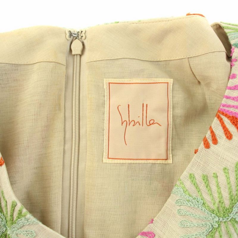 シビラ SYBILLA ワンピース ひざ丈 Vネック 半袖 総柄 花柄 刺繍 