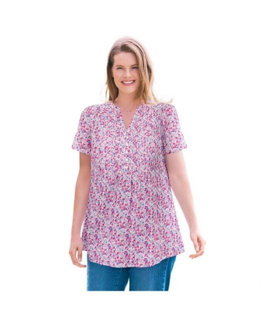 ウーマン ウィズイン レディース シャツ トップス Women s Plus Size Pintucked Half-Button Tunic Sunset pink blooming ditsy