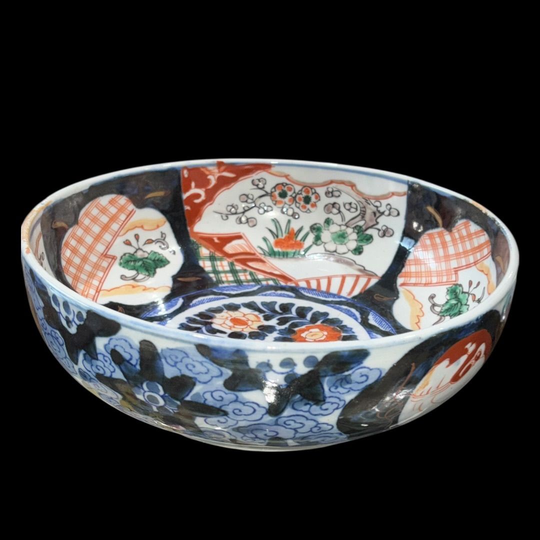 骨董　明治期伊万里焼二重高台色絵深鉢 明治期 伊万里焼 二重高台 色絵 深鉢(深皿、和食器)(R-047089