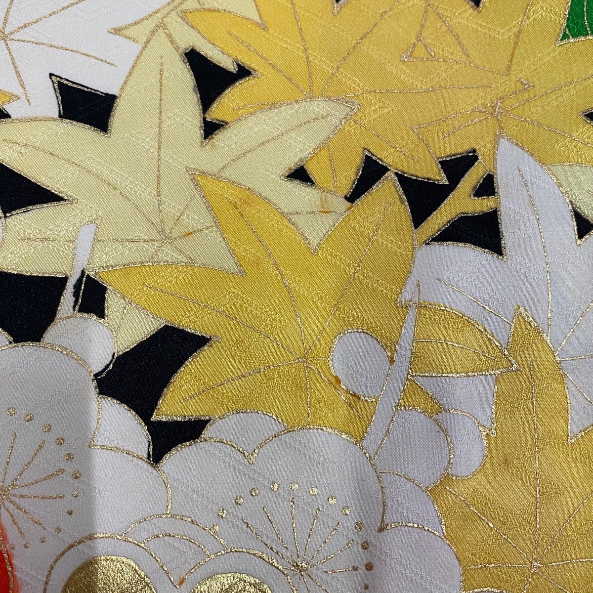 振袖 身丈171cm 裄丈62cm S 袷 菊 梅 金糸 金銀彩 オレンジ 正絹
