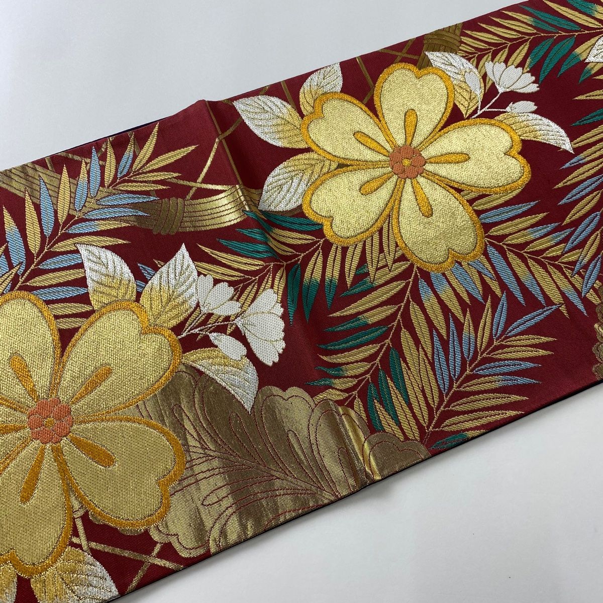 中古美品 紫色に牡丹桜柄 袋帯 tkb802_3.jpg