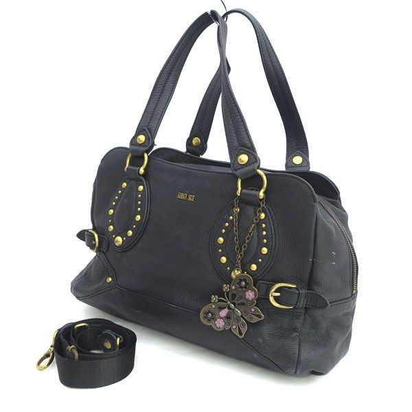 美品　ANNA SUI アナスイ　ハンドバッグ　ブラック　レザー　鍵チャーム付き ANNA SUI(アナスイ) ショルダーバッグ - 黒×ベージュ レザー
