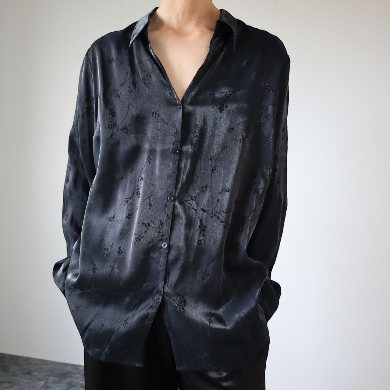vintage】刺繍 デザイン サテン オーバーサイズ スキッパー 長袖シャツ 