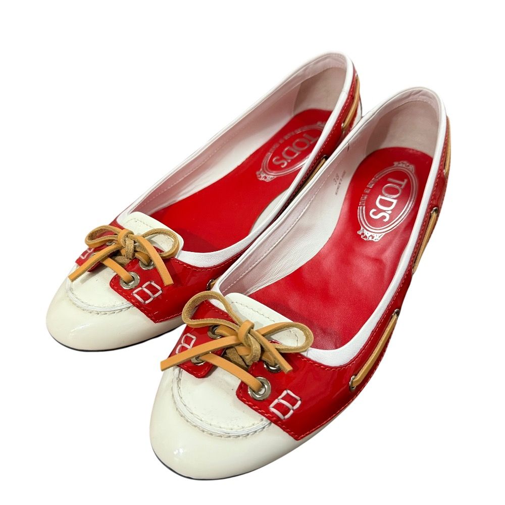 TOD S トッズ パテントレザー リボン ドライビングシューズ サイズ38 約25cm ホワイト×レッド レディース 古着