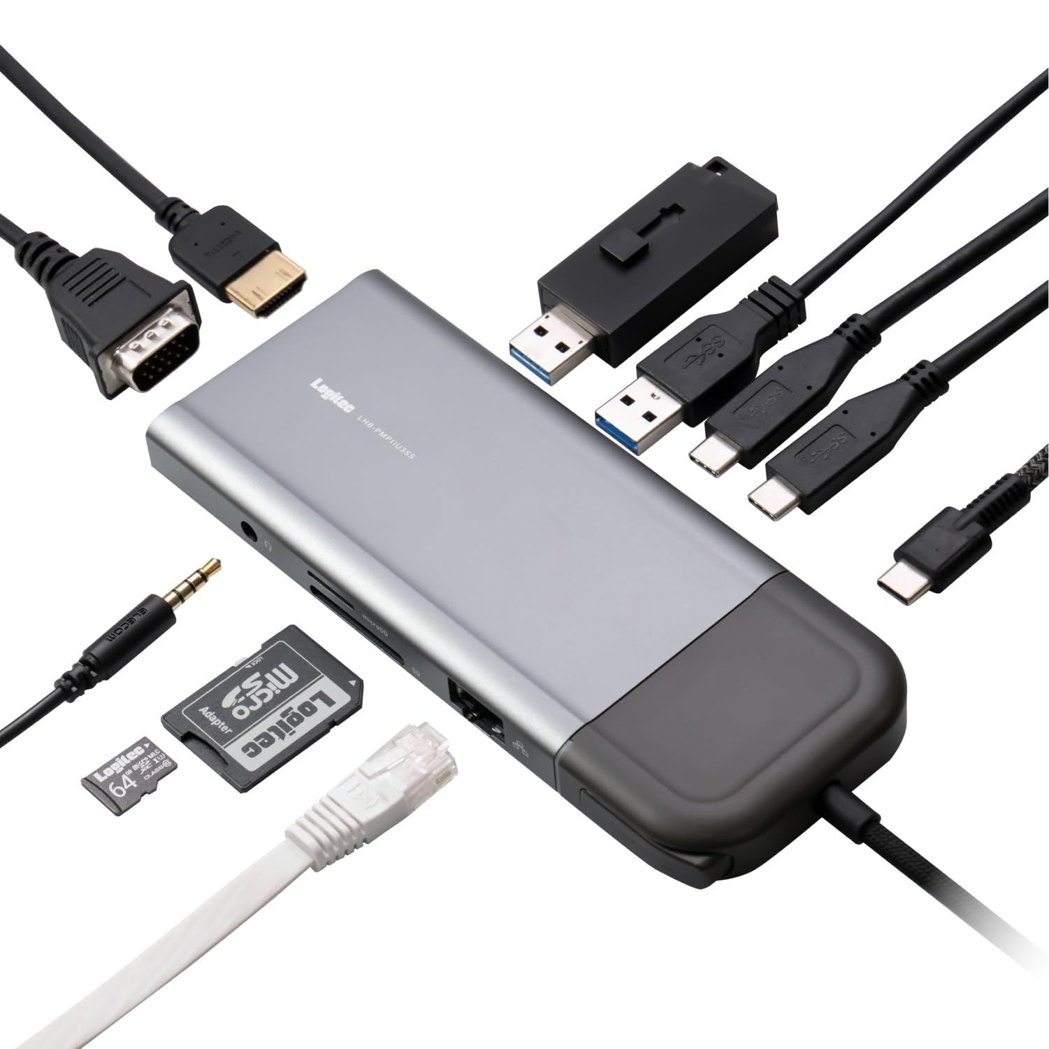 ロジテック USB Type-C ハブ ドッキングステーション 11-in-1 画面表示ON|OFFボタン付 USB PD 100W対応 USBA×2 4K60Hz HDMI×1 VGA×1 3．5端子×1 USB-C×3 LAN×1 SD＋microSDス