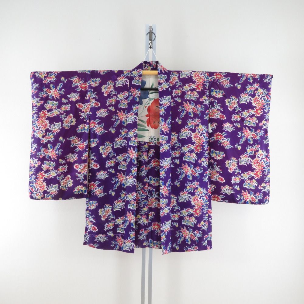 羽織 アンティーク 昔羽織 正絹 紫色ｘ多色 花模様 ちりよけ 上着 身丈91cm