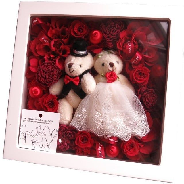 ウェディングペアドール（ケース入り）結婚式 結婚祝い 友人 友達 プレゼント 花 ウェディングベアー 水色 白 花