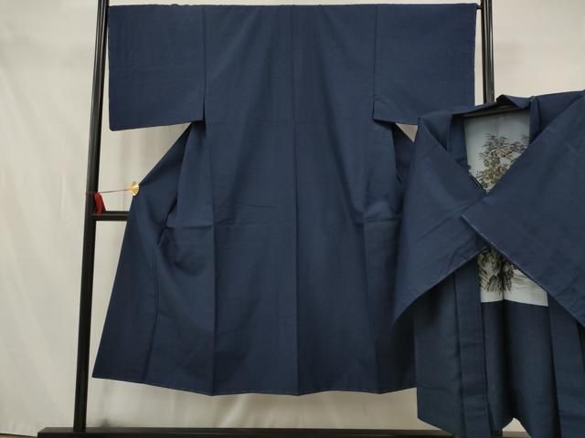 平和屋着物○男性 紬 アンサンブル 色無地 青鈍色 キングサイズ