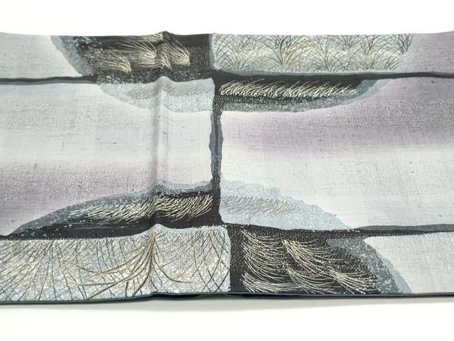 平和屋着物○太鼓柄袋帯 作家物 紬地 切嵌芝文 銀