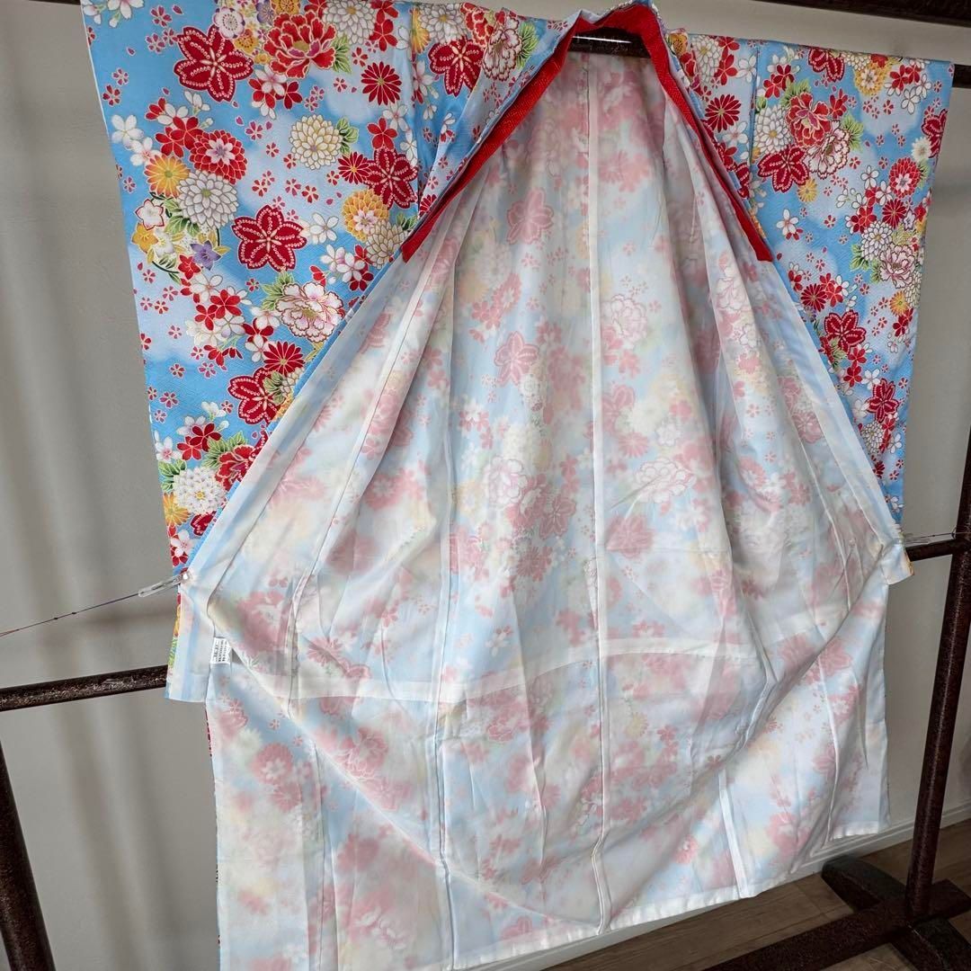 超美品　七五三　7歳　フルセット　女の子　子供　化繊　着物　襦袢　帯　水色　赤 七五三 着物 7歳 フルセット 購入 20点セット 四つ身着物 帯 753
