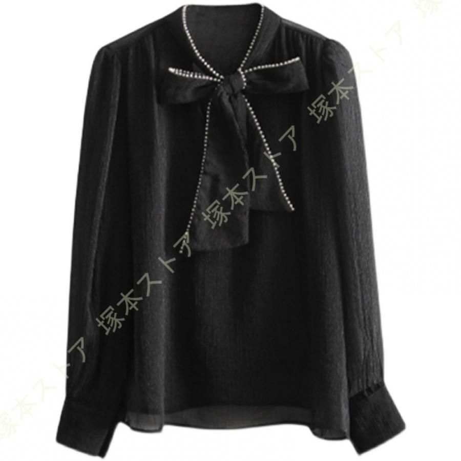 シャツ ブラウス ポリエステル レディース トップス vネック リボンタイ 長袖 ファッション 爽やか 上品 女性らしい おしゃれ タック エレガント 大人 着痩せ シャツ ブラウス ポリエステル レディース トップス vネック