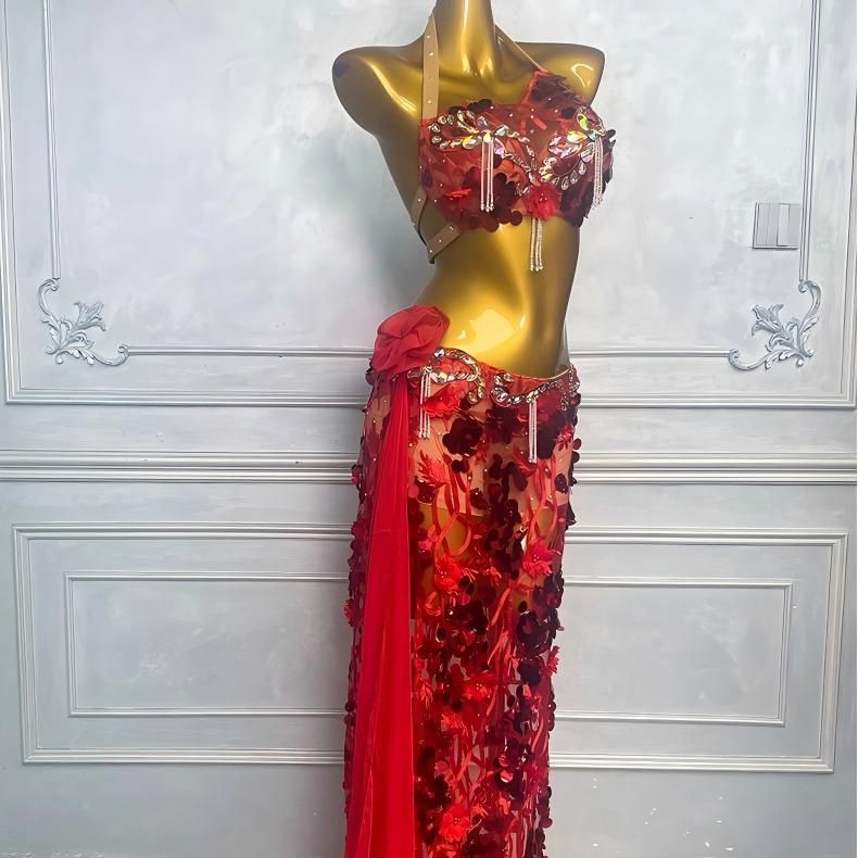 ベリーダンス オリエンタル衣装 薔薇 レッド ブラ スカート オーダーメイド ベリーダンス オリエンタル衣装 薔薇 レッド ブラ スカート