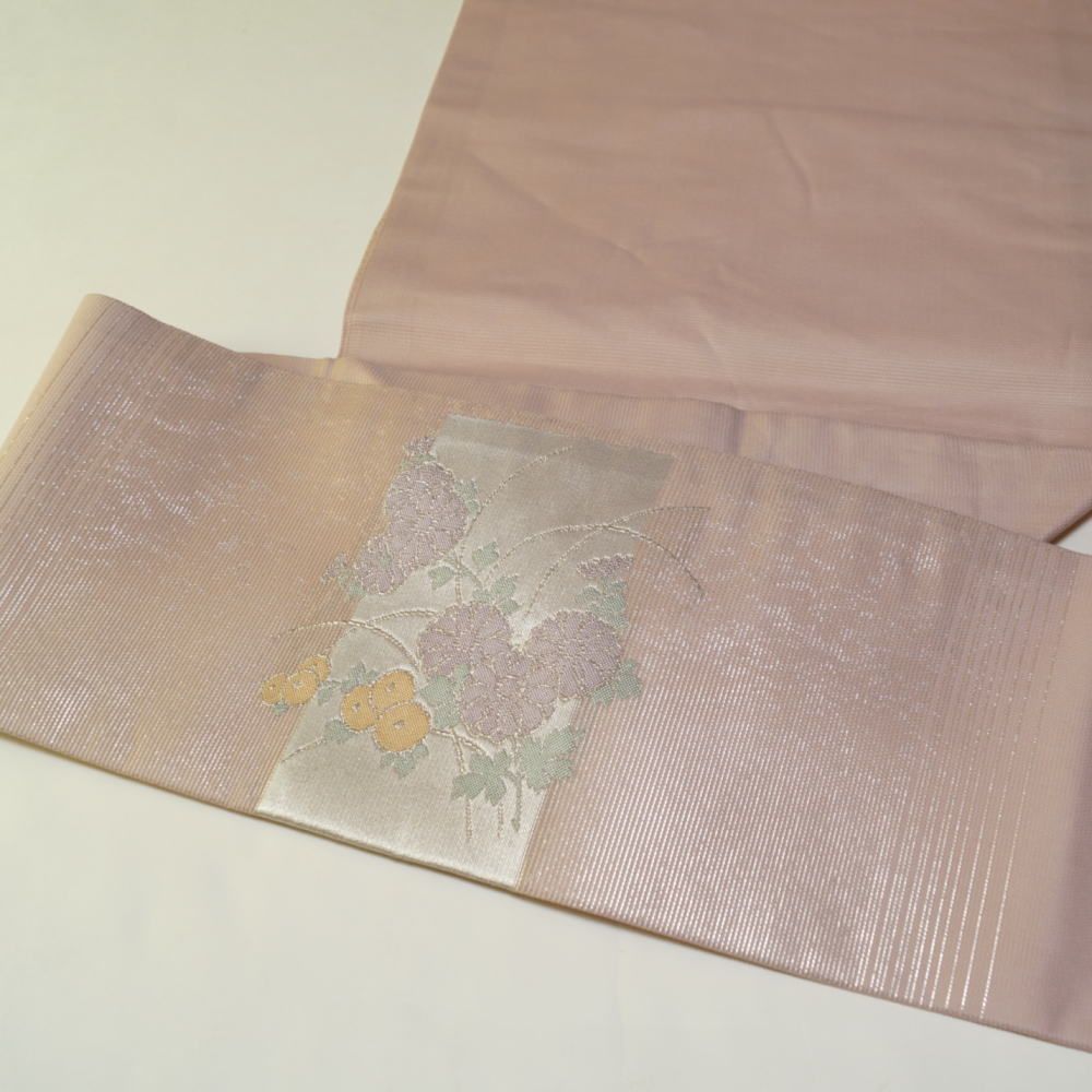 夏物 名古屋帯 紗 霞に春秋草花模様 紋紗 銀糸 正絹 お太鼓柄