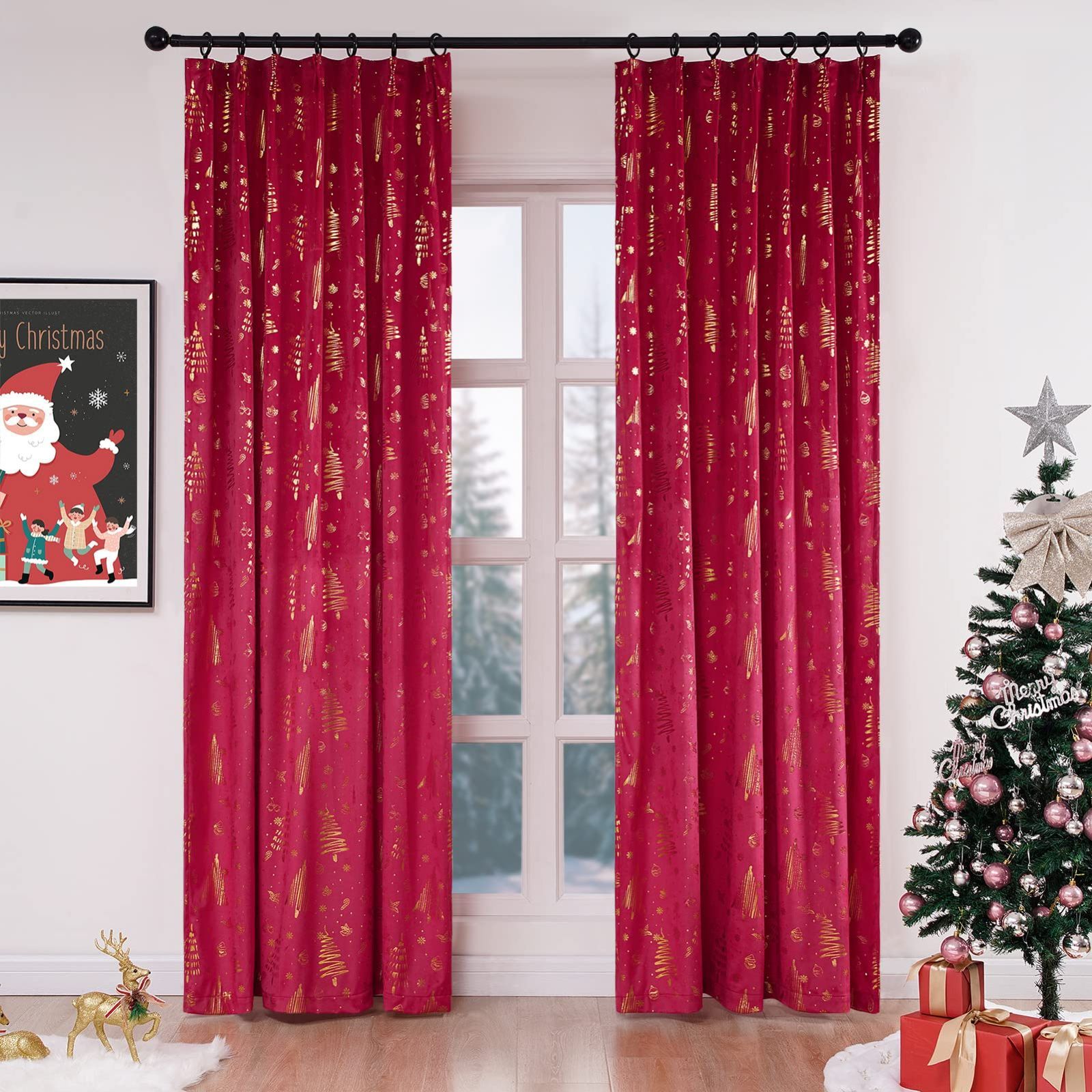 150cmx230cm_レッド Topfinel カーテン 遮光 金の箔プリント クリスマス 赤 幅150cm丈230cm かわいい おしゃれ 北欧 防寒 防寒カーテン 防音 節電対策 昼夜目隠し 1枚入り