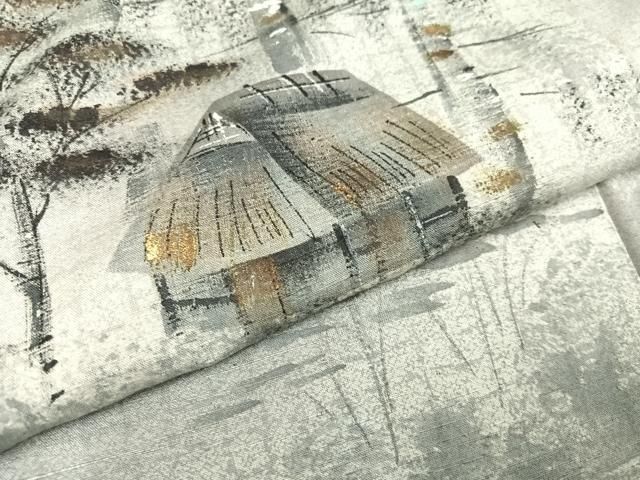 平和屋着物○訪問着 紬地 手描き 風景樹林文 暈し染め 金彩 正絹 逸品  