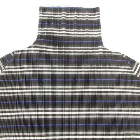 プリーツプリーズ PLEATS PLEASE 美品 PP93-FK337 ボーダー 長袖 カットソー ハイネック 薄手 3 約Lサイズ 黒 ブラック レディース プリーツプリーズ PLEATS PLEASE 美品 PP93-FK337 ボーダー 長袖