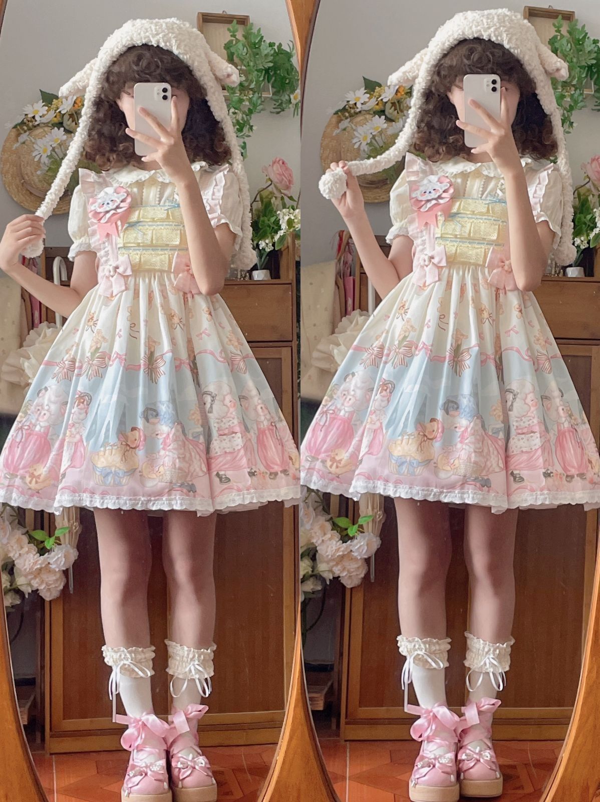 背帯柄プリントロリータワンピース 甘ロリ風