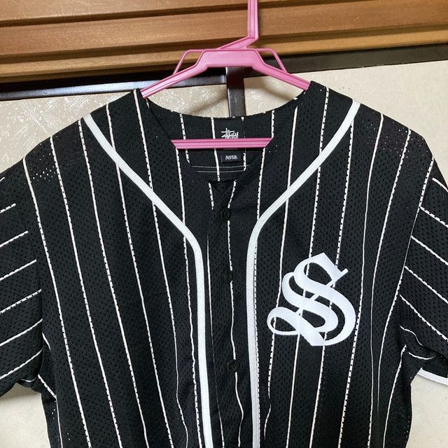節約 ステューシー ベースボールシャツ メッシュ ストライプ 黒 白