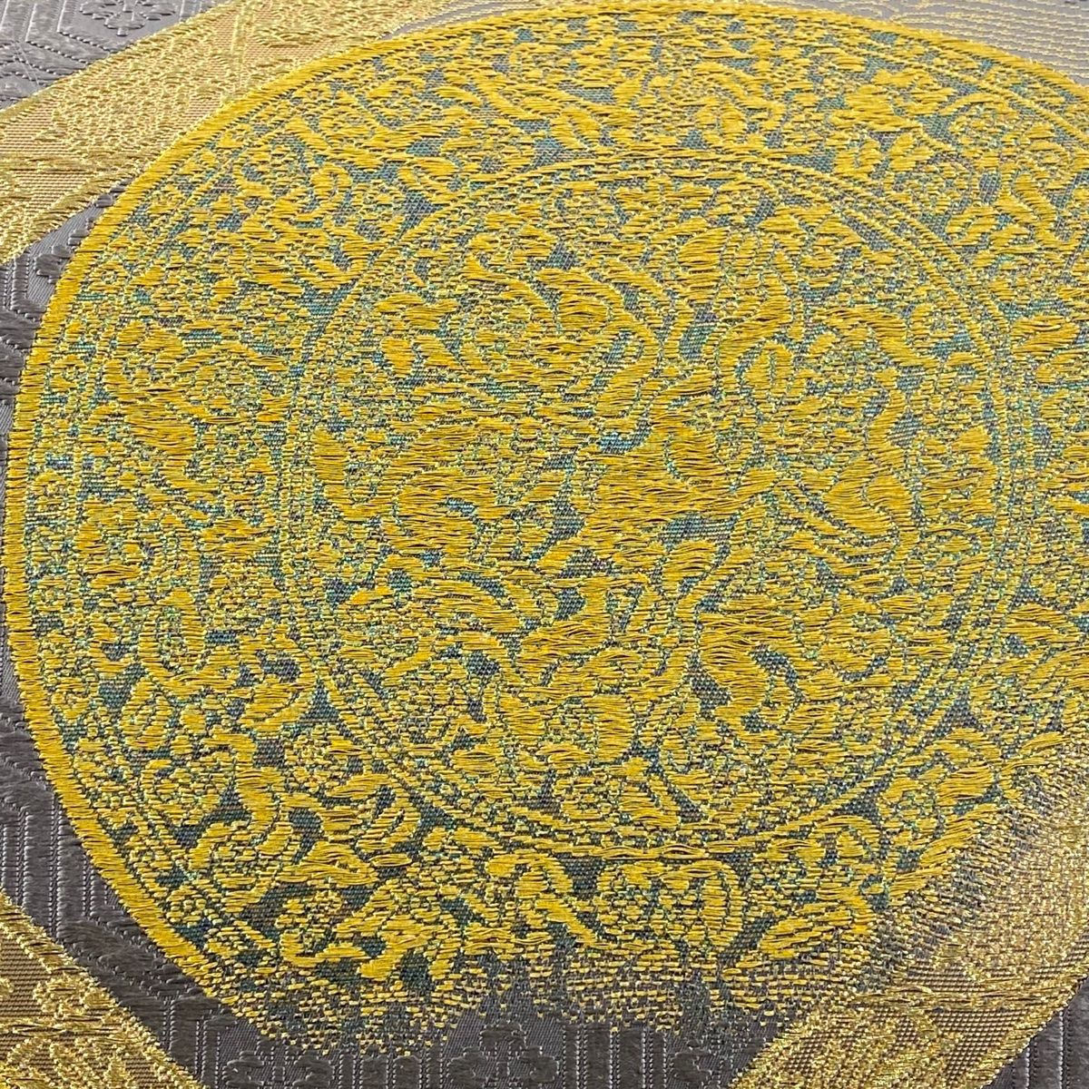 品質保証で 、高速配送！ 袋帯 落款 山口克爾監修 格天井葡萄鏡文 草花 金銀糸 箔 灰紫 お太鼓柄 正絹