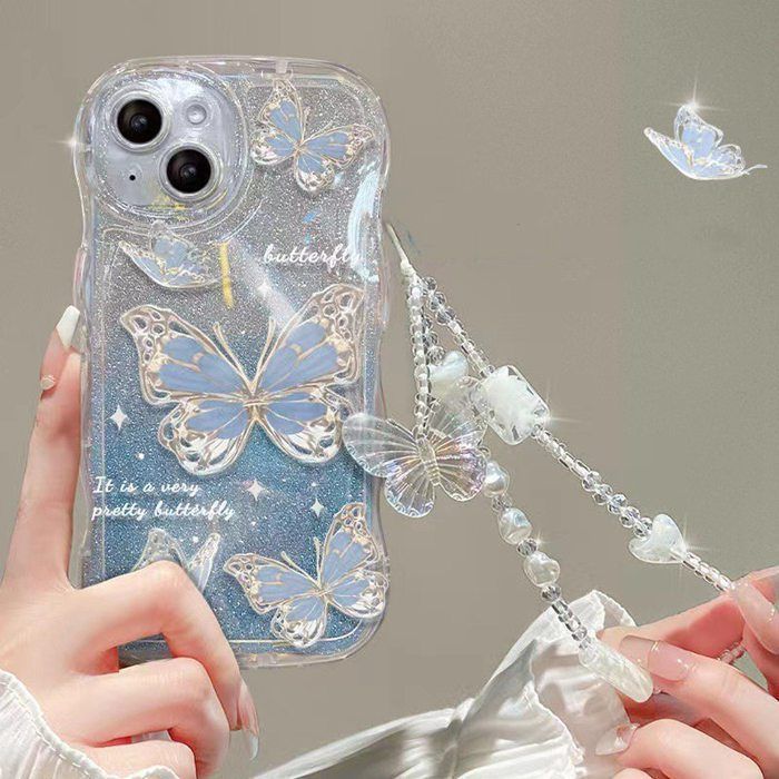 iPhone ケース 蝶 キラキラ ストラップ付き iPhone16 iPhone15