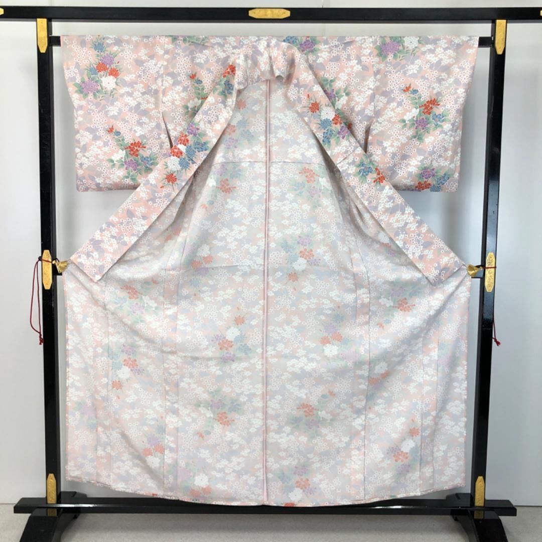 単衣 小紋 華やかな花模様 曙色 縮緬 K-5254