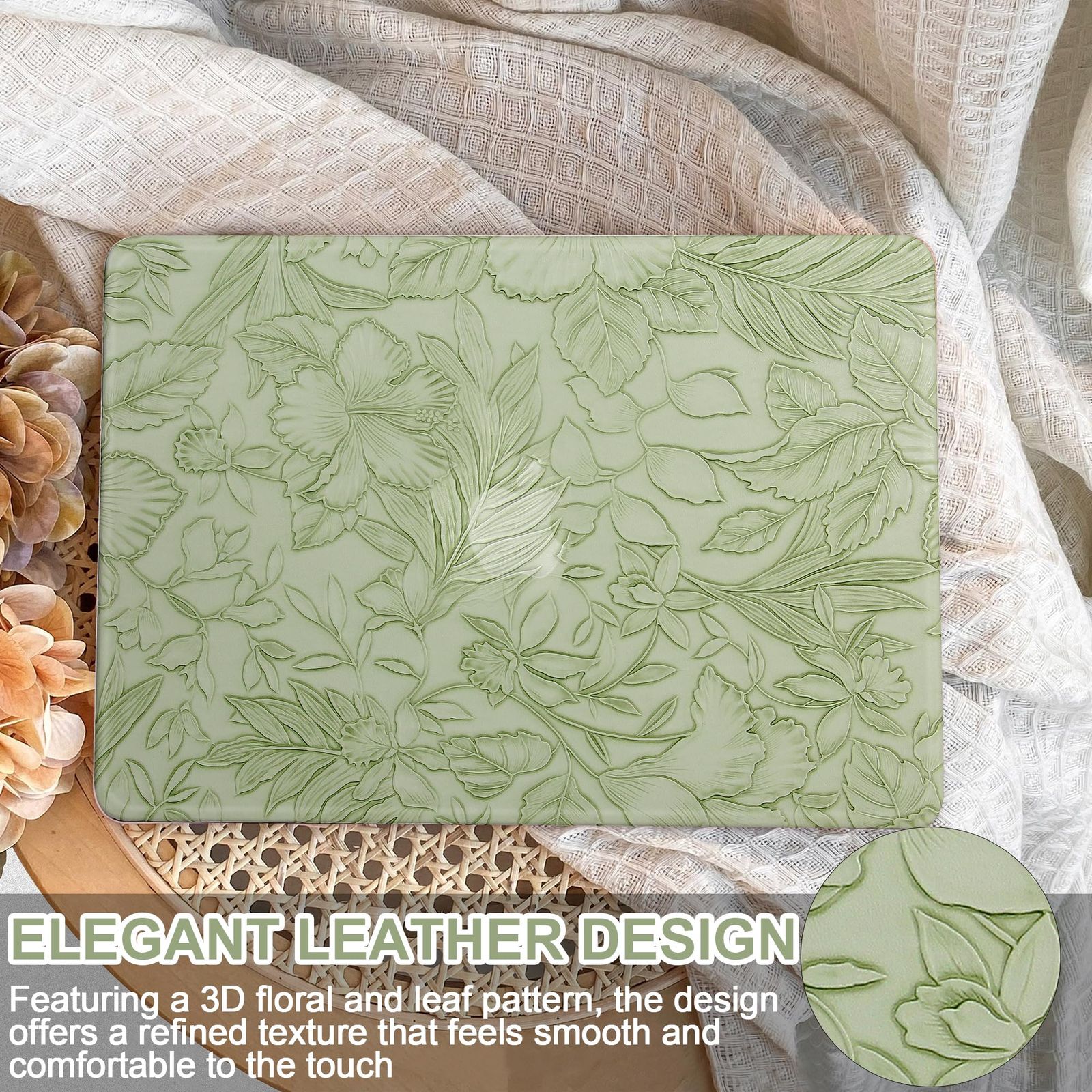 iPAPA MacBook Air 13インチケース 2025 2025 2025 リリース M3 A3113 M2 A2681 エレガントな質感のレザーハードシェルケース キーボードカバー MacBook Air 1 グリーンエンボスフローラル