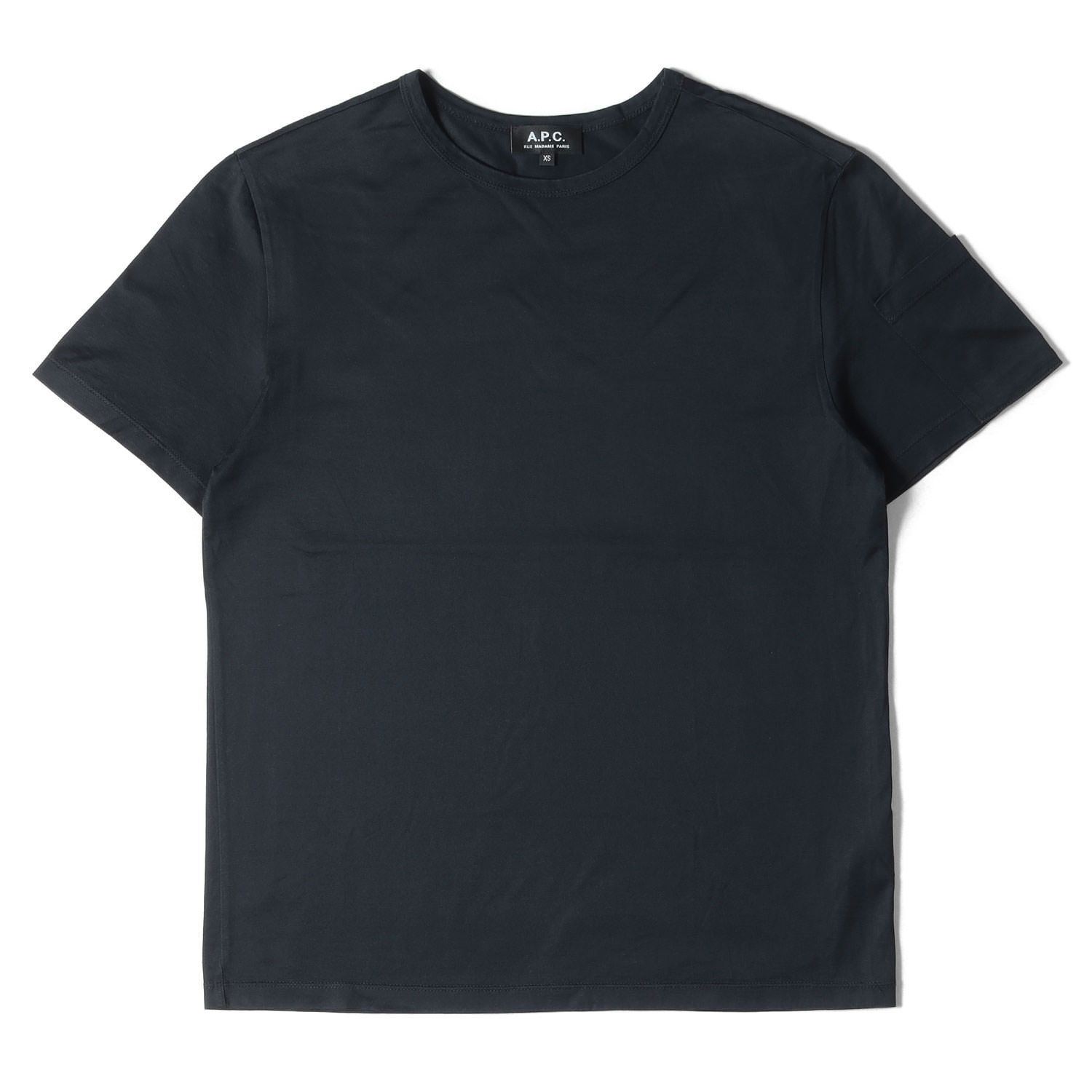 美品 A.P.C. アーペーセー Tシャツ サイズ:XS スリーブポケット バックヘム ロゴ エンブロイダリー 半袖 クルーネック ワンポイント  RUE MADAME PARIS ネイビー紺 カジュアル シンプル 日本製