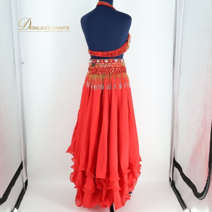 ベリーダンス オリエンタル 衣装 上下セット レディース レッド系 赤 ゴールド ラメ ビーズ 装飾 レース 舞台 発表会 イベント コスチューム 豪華 大人用 コスプレ パフォーマンス 柔らかい ダンス衣装 セットアップ LLC-HASEGAWATOSO_COM