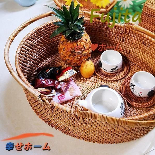 ラタンかご ピクニックバスケット ハンドル付き カゴ フルーツバスケット 藤編み 手編み 果物入り 籐のバスケット 田園風 収納ボックス MARWIL-DEMENAGEMENTS_CH