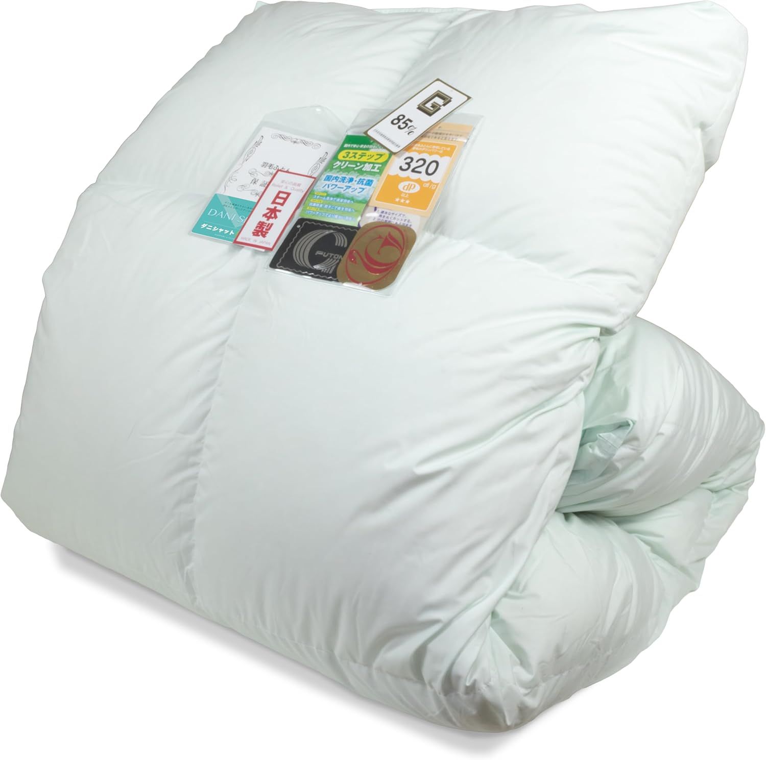 安眠工場 羽毛布団 シングル【羽毛量1.2kg】 日羽協ニューゴールドラベル認定品質 ホワイトダウン85% 320dp（かさ高性135mm）以上 日本製 長期保証 軽量生地 防ダニ加工 国内洗浄・抗菌防臭・パ